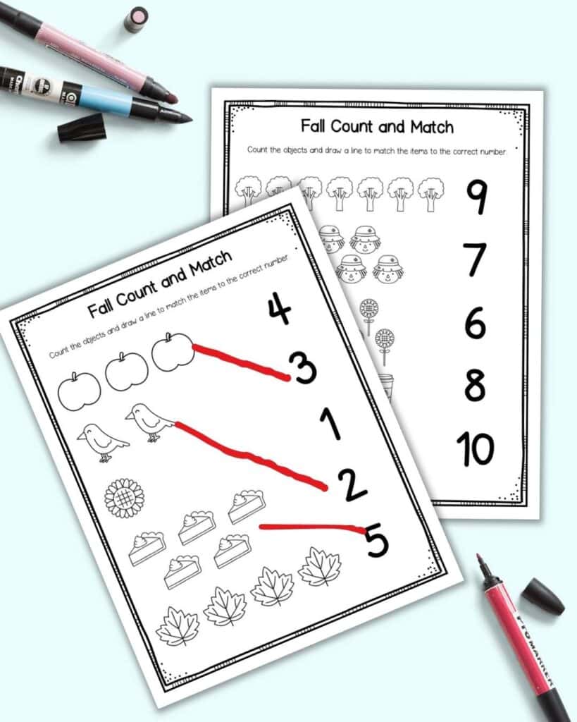A preview of using a fall themed number matching worksheet for kindergarteners.