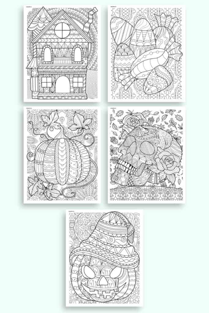 A preview of seven Halloween coloring pages for adults with zen-style details