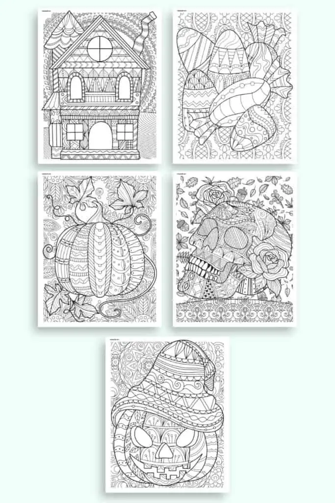 A preview of seven Halloween coloring pages for adults with zen-style details