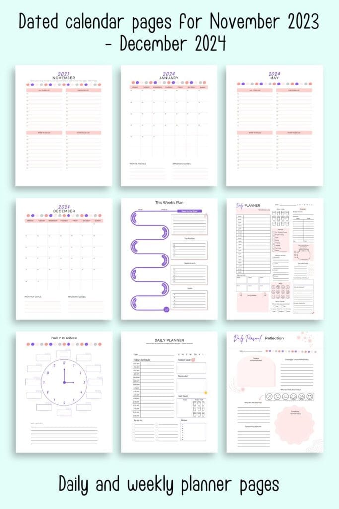 Text "Dated calendar pages for November 2023- December 2024" and "daily and weekly planner pages" with a preview of nine printable planner pages