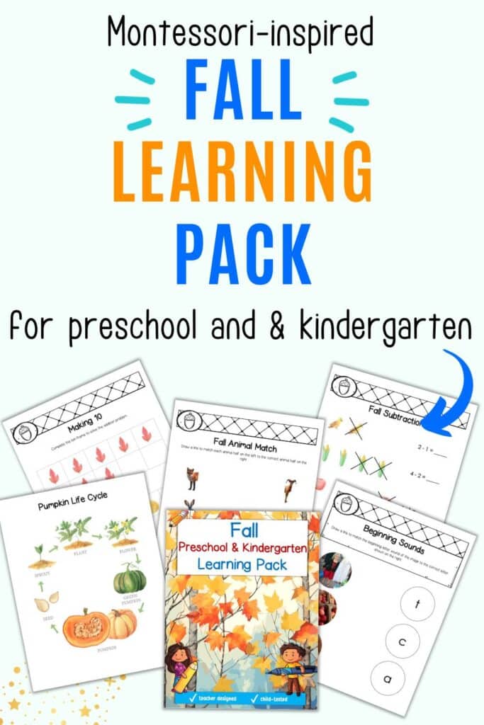 Text "Montessori inspired fall learning back for preschool and kindergarten" with a preview of six pages of activities 