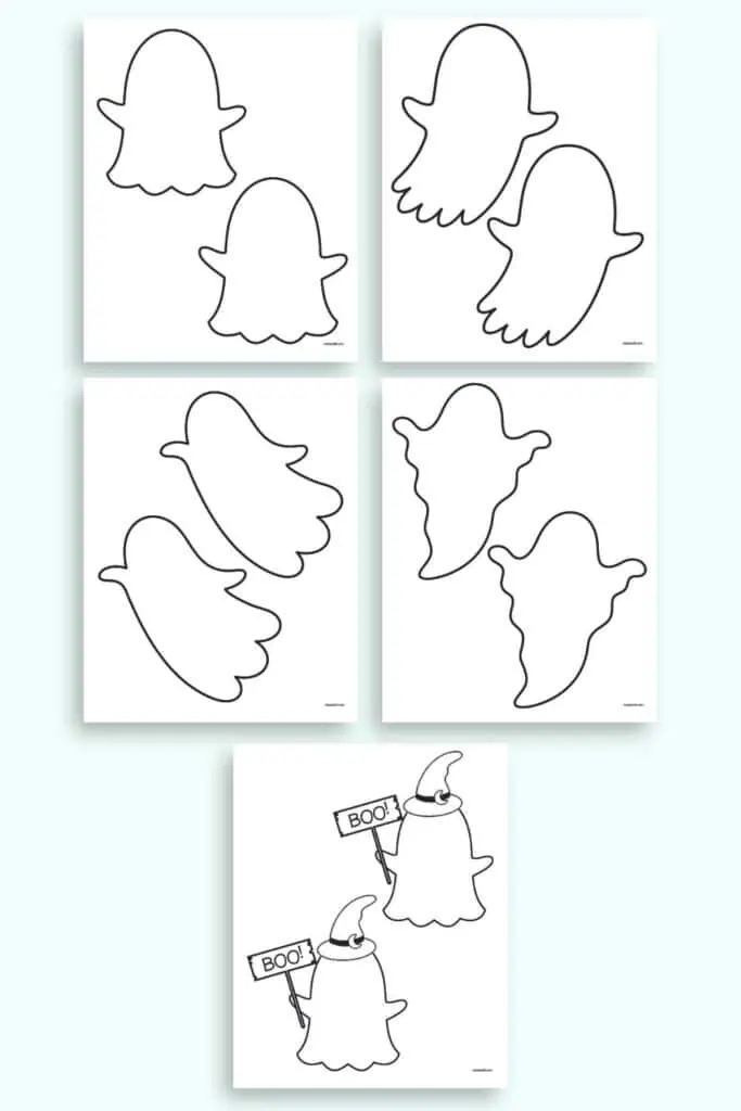 A preview of five pages of ghost template. All five ghosts have medium ghosts with two templates per page. The ghosts have blank faces to fill in.