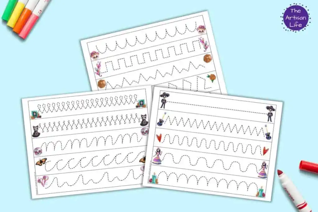 A preview of three pages of Day of the Dead themed fine motor tracing practice worksheets. Each page has five fine motor paths to trace.