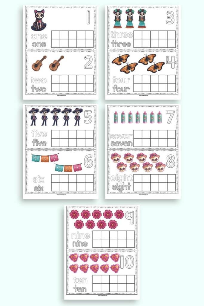 a preview of five sheets of printable ten frame with numbers 1-10 in a Day of the Dead theme