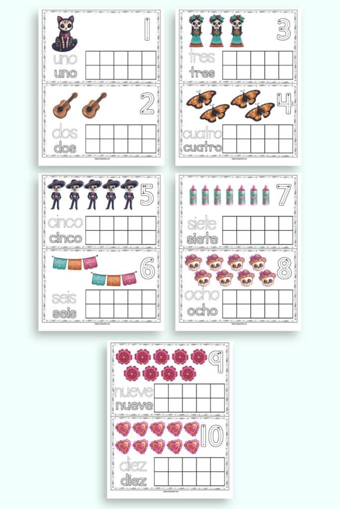 a preview of five sheets of printable ten frame with numbers 1-10 in a Day of the Dead theme. The numbers are in Spanish.