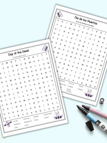 A preview of two Day of the Dead word searches for children. one is in English and the other is in Spanish.