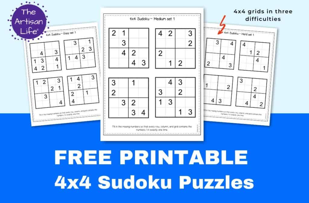 A preview of three pages of 4x4 sudoko printables with four puzzles each and the text "free printable 4x4 sudoku puzzles"
