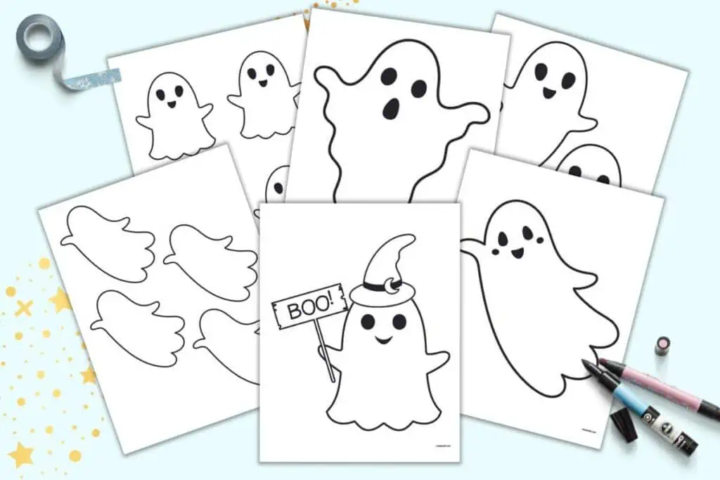 A preview of six ghost templates. Three are late, two are medium with two ghosts to a page, and one has four small ghosts.