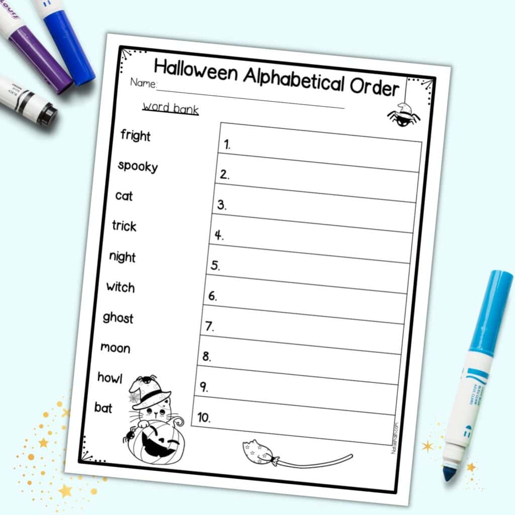 A Halloween themed alphabetizing worksheet for pre-k and kindergarten students. The worksheet features 10 simple Halloween words for children to write in alphabetical order.