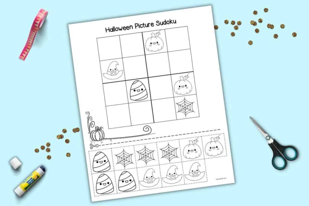 A preview mockup of a Halloween cut and paste picture sudoku game for kids