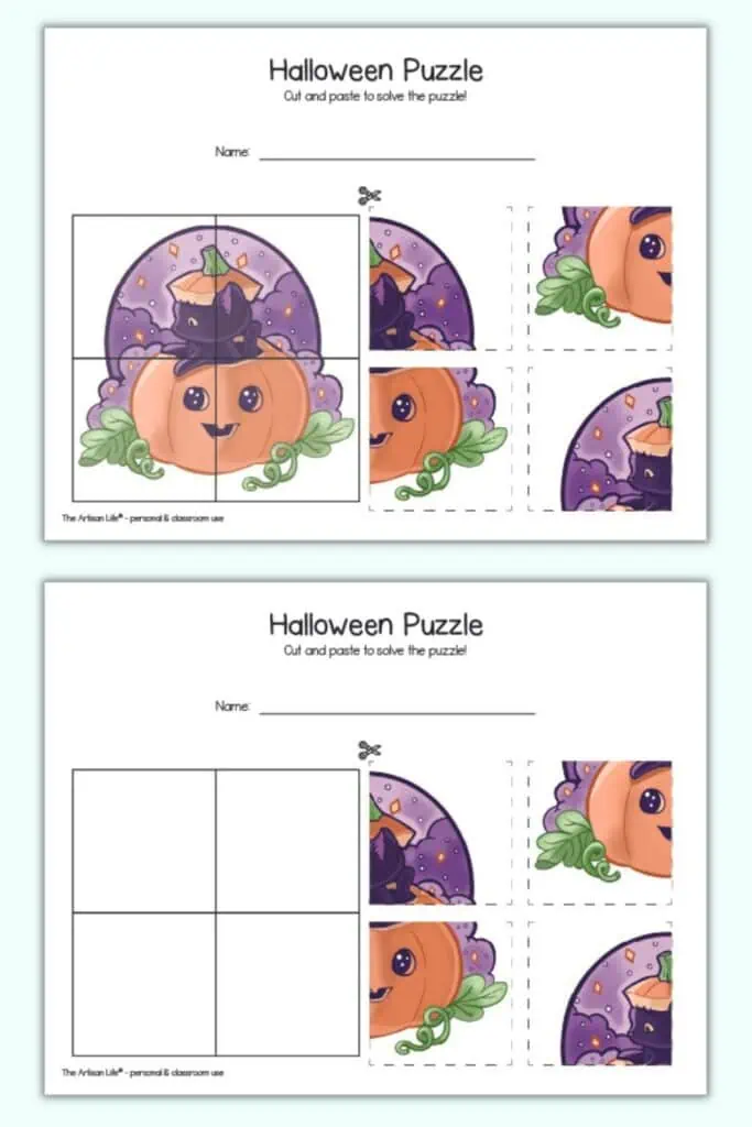 A preview of two printable Halloween cut and paste puzzles. Both puzzle show the same image of a cute black cat and a jack o lantern. One puzzle has a hint image and the other has a blank grid to paste the pieces onto. 