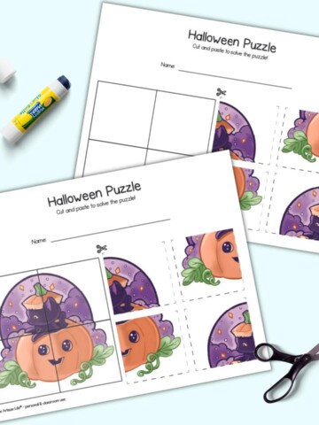 A preview of two printable Halloween cut and paste puzzles. Both puzzle show the same image of a cute black cat and a jack o lantern. One puzzle has a hint image and the other has a blank grid to paste the pieces onto. The pages are shown with a glue stick and a pair of scissors.