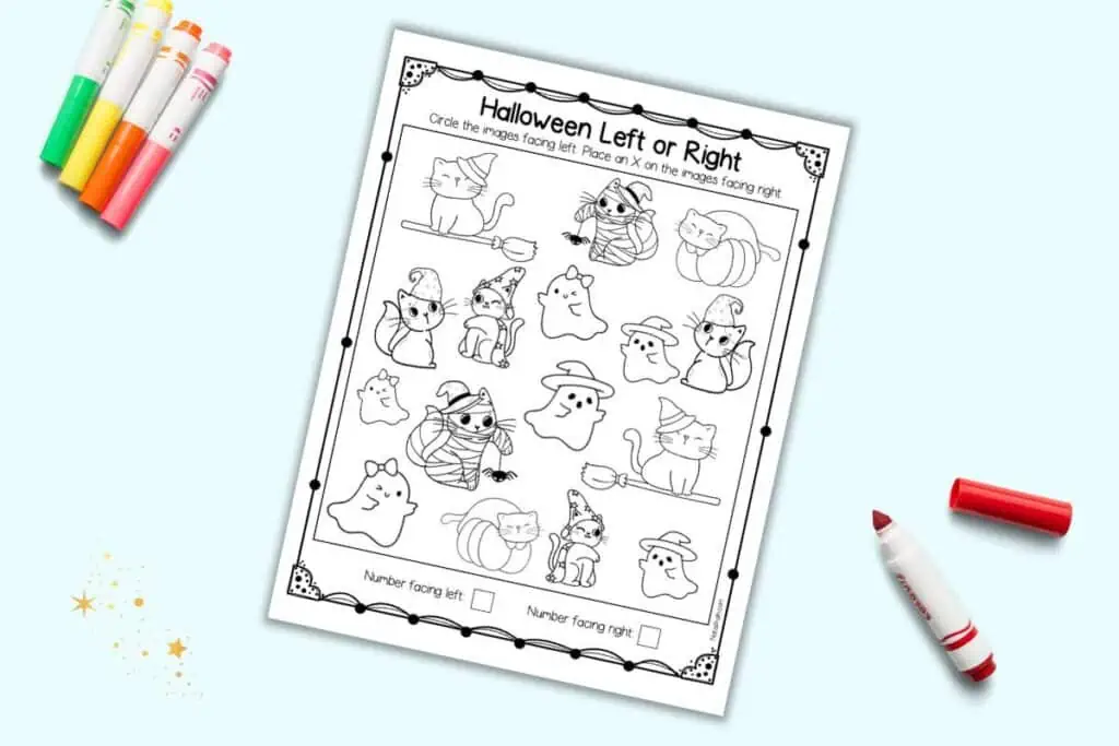 A preview of a Halloween themed left or right worksheet for pre-k and kindergarten students.