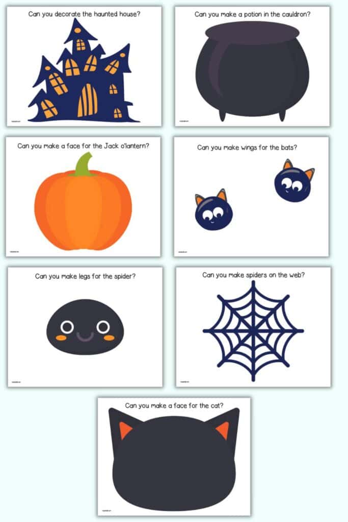 A preview of seven Halloween play dough mat printables including: a haunted house, a cauldron, a pumpkin, two bags, a spider, a spider web, and a black cat face