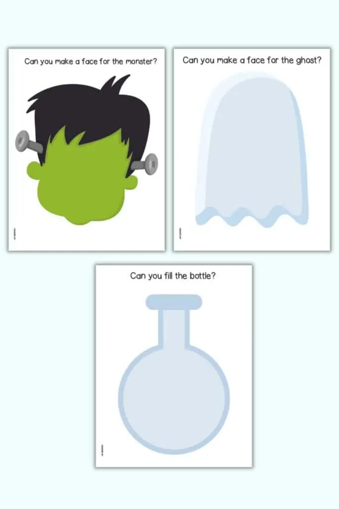 A preview of three Halloween play dough mat printables including a monster face, a ghost, and a potion bottle