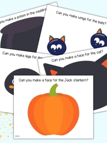 A preview of five Halloween play dough mat printables. Images include: a pumpkin, a spider, two bats on one page, a cauldron, and a black cat