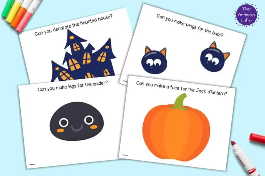 A preview of four Halloween play dough mat printables. Images include: a pumpkin, a spider, two bats on one page, and a haunted house.