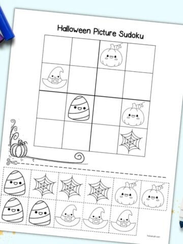 A Halloween picture sudoku cut and paste puzzle with a 4x4 grid.
