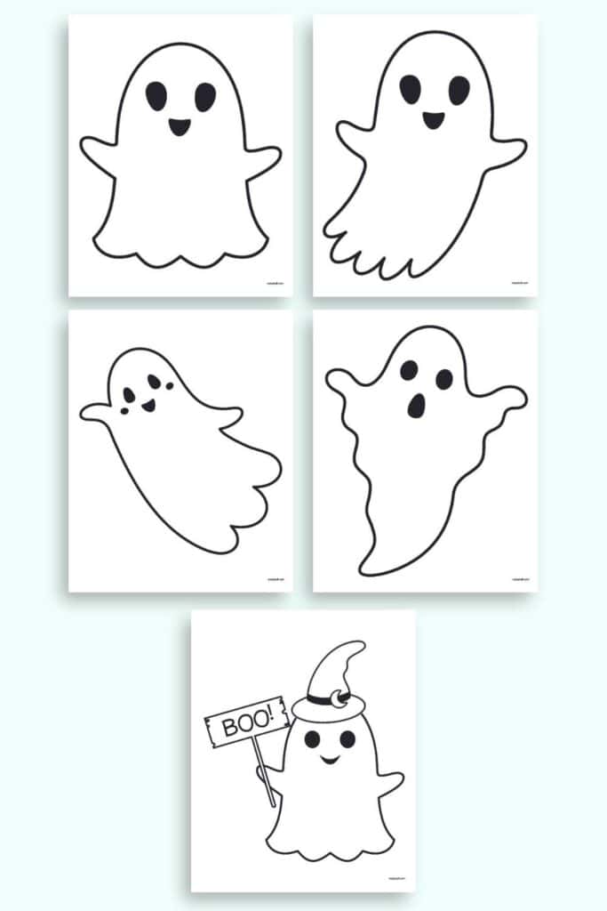 A preview of five pages of ghost template. All five ghosts are large and take the full sheet. Three are cute, one looks scared, and the fifth is holding a "boo" sign.