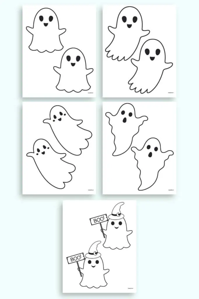 A preview of five pages of ghost template. All five ghosts have medium ghosts with two templates per page. Three are cute, one looks scared, and the fifth is holding a "boo" sign.