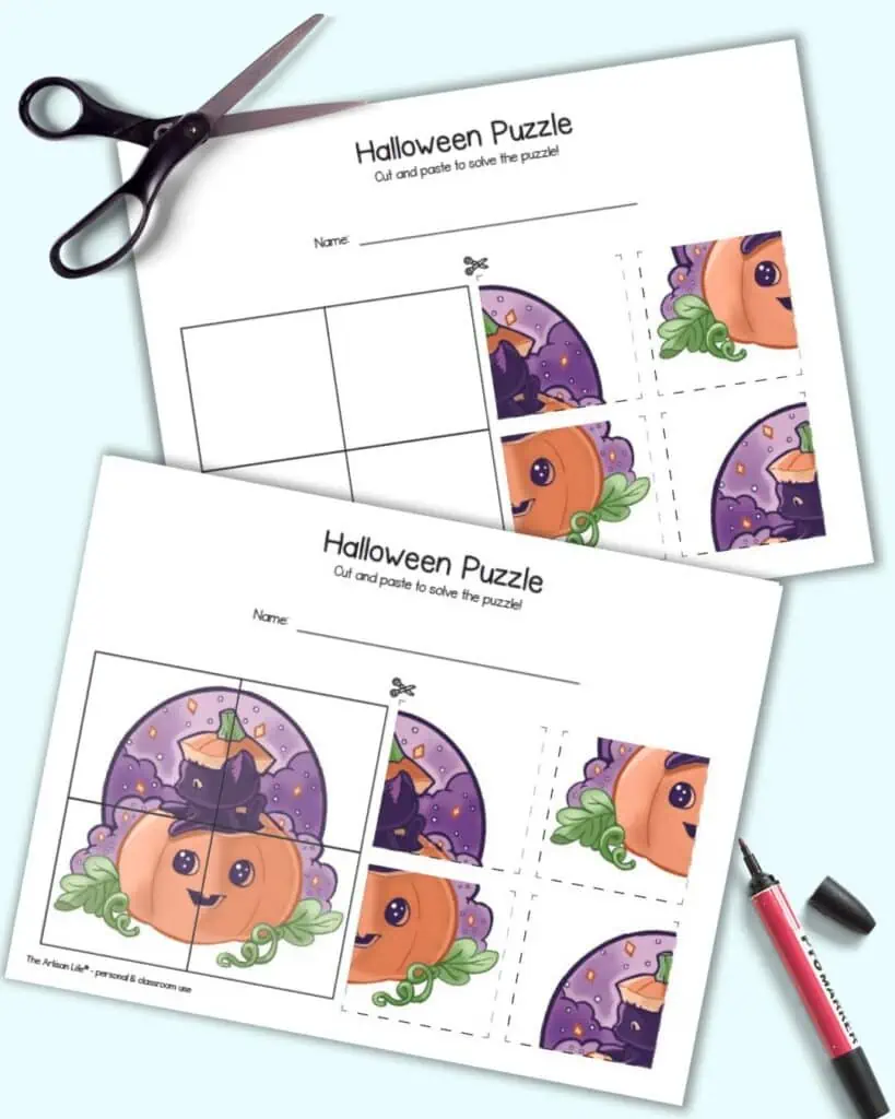 A preview of two printable Halloween cut and paste puzzles. Both puzzle show the same image of a cute black cat and a jack o lantern. One puzzle has a hint image and the other has a blank grid to paste the pieces onto. They are shown with a red marker with an open cap and a pair of scissors.