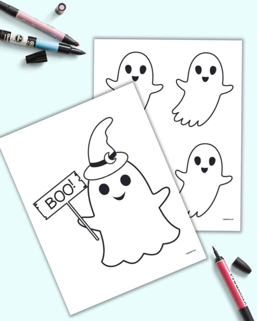 A preview of two pages of ghost template. One is large and holding a "boo" sign. The other page has four small cute ghosts.