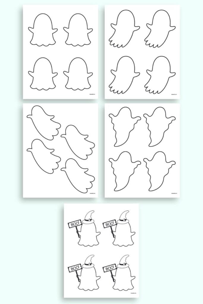 A preview of five pages of ghost template. All five ghosts have small ghosts with four templates per page. The ghosts have blank faces to fill in.