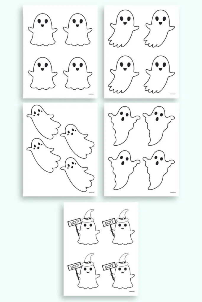 A preview of five pages of ghost template. All five ghosts have small ghosts with four templates per page. Three are cute, one looks scared, and the fifth is holding a "boo" sign.