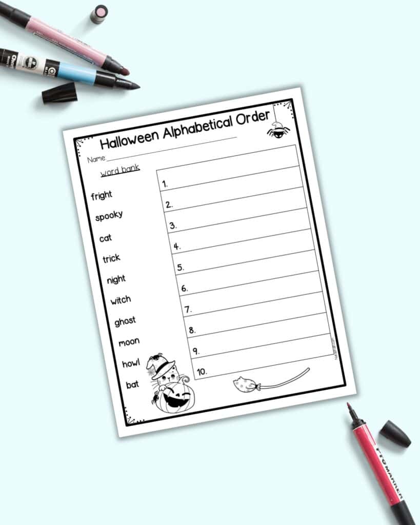 A preview of a Halloween themed alphabetical order worksheet for pre-k and kindergarten students. The worksheet has 10 Halloween words for children to place in alphabetical order. It is shown on a light blue background with a red marker.