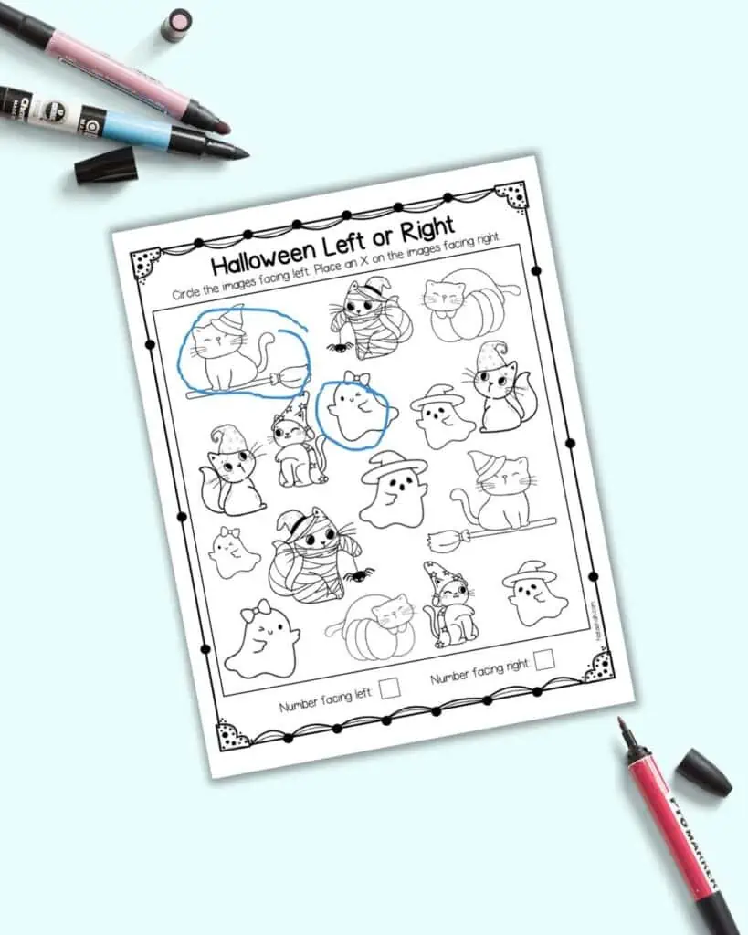 A preview of a Halloween themed left or right worksheet for pre-k and kindergarten students. A cat facing left is circled and a ghost facing left is circled. 
