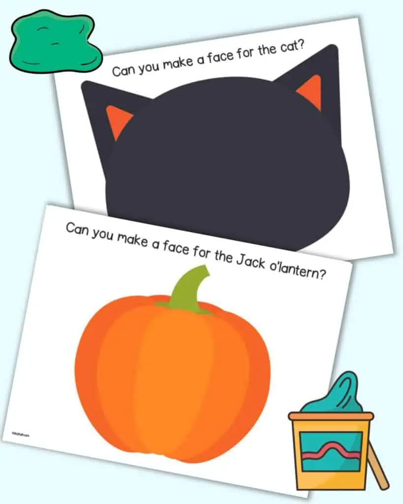 A preview of two Halloween play dough mat printables. One has a pumpkin and the other has a black cat face