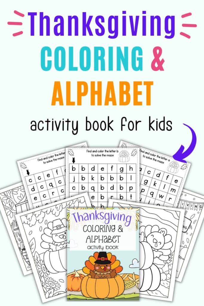 Text Thanksgiving alphabet and coloring activity book for kids"