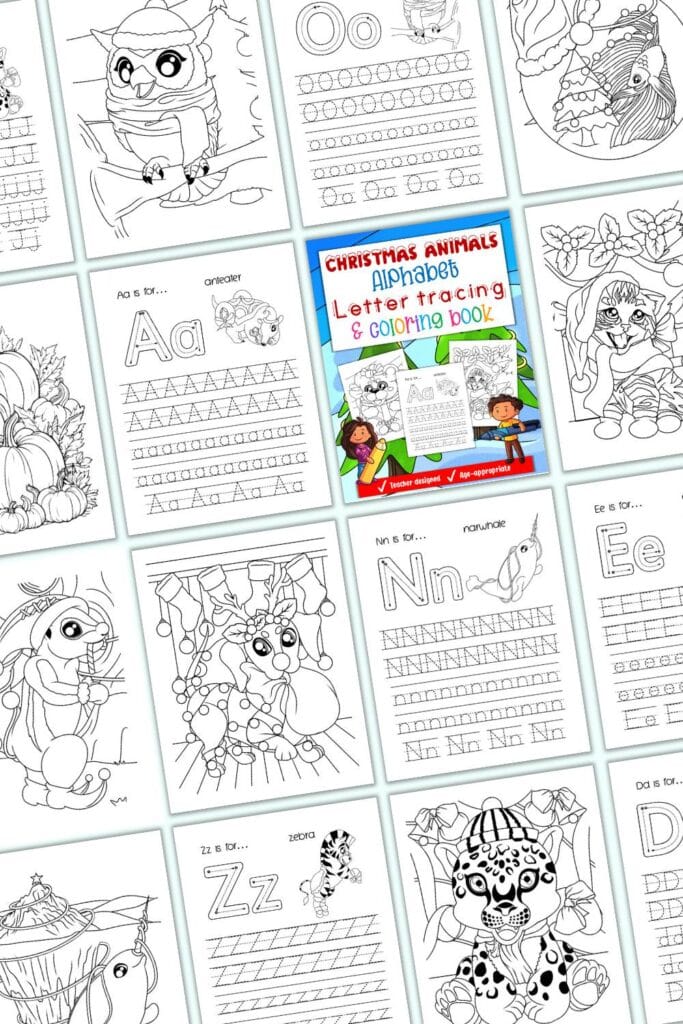 A preview of 12 interior pages from a Christmas animal themed handwriting workbook with coloring pages