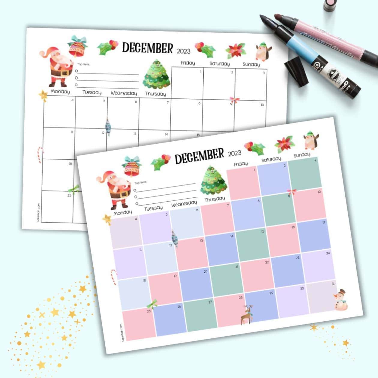 A preview of two dated December 2023 calendar pages. One is full color and the other has a black and white calendar with color clip art