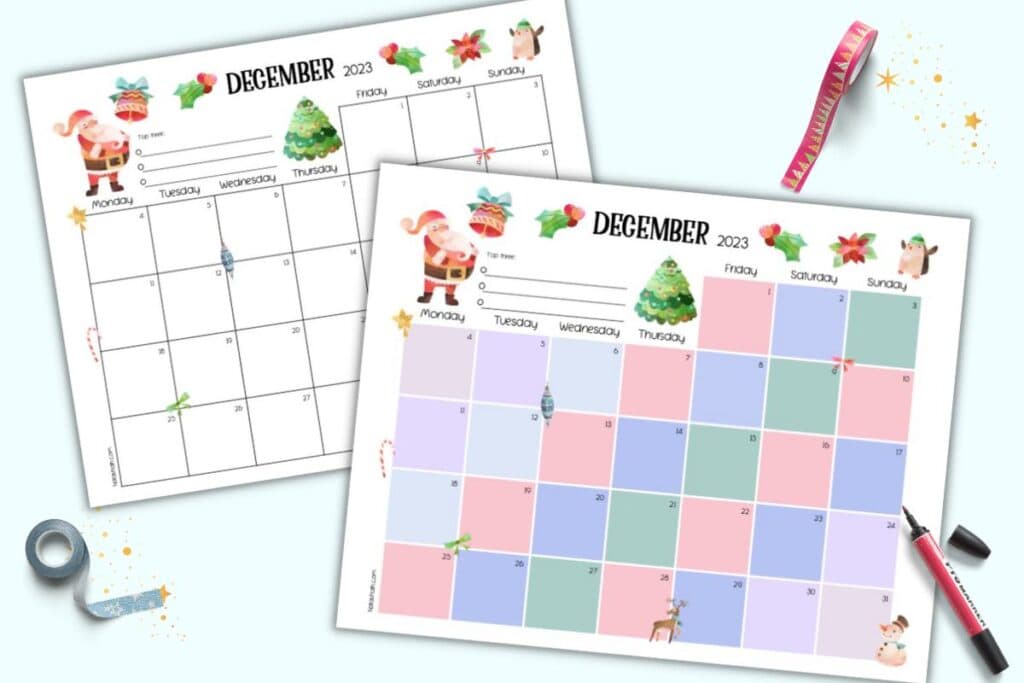 A preview of two dated December 2023 calendar pages. One is full color and the other has a black and white calendar with color clip art. They are on a light blue background. 