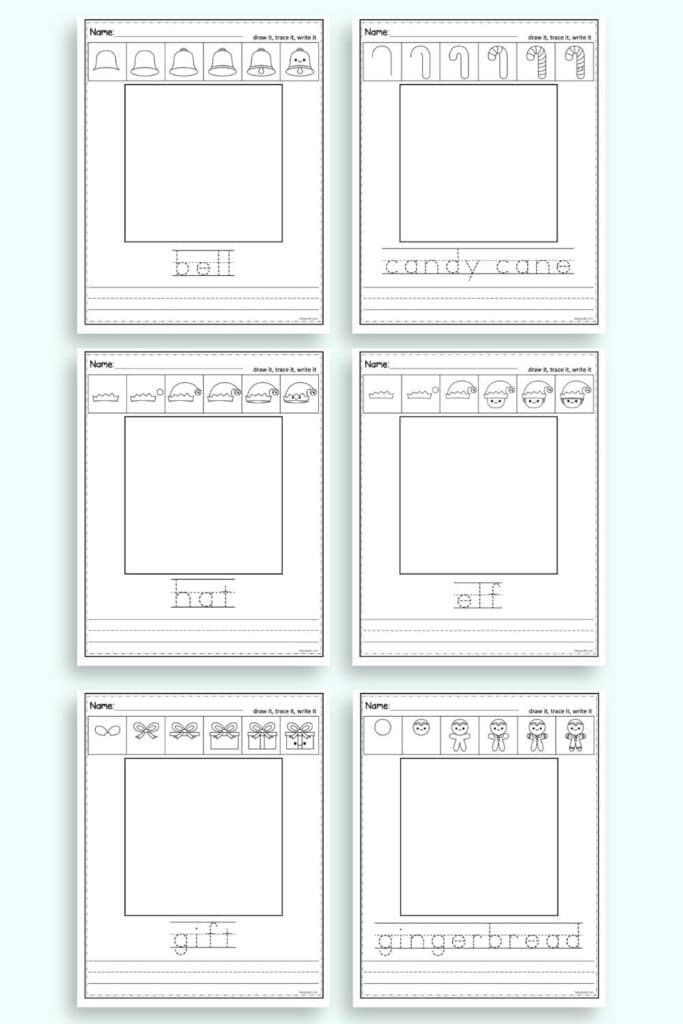 A preview of six Christmas themed directed drawing worksheets. Each worksheet has six steps to draw a kawaii Christmas image, a square to raw in, the word in a tracing font, and line for free writing. Images include: a bell, a candy cane, a hat, an elf, a gift, and a gingerbread man