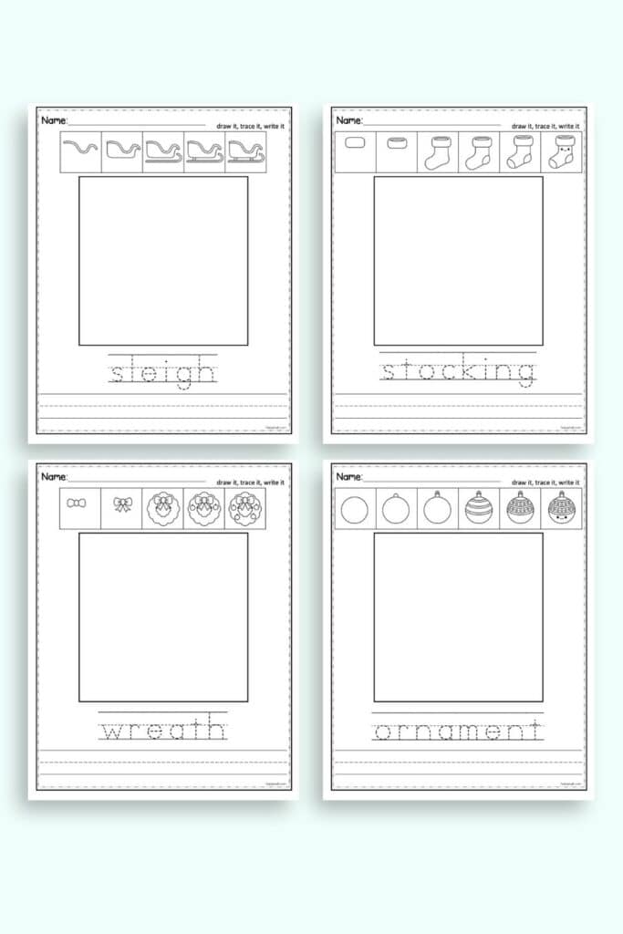 A preview of four Christmas themed directed drawing worksheets. Each worksheet has six steps to draw a kawaii Christmas image, a square to raw in, the word in a tracing font, and line for free writing. Images include: a sleigh, a stocking, a wreath, and an ornament.
