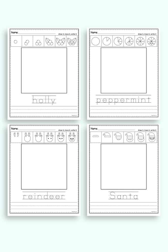 A preview of four Christmas themed directed drawing worksheets. Each worksheet has six steps to draw a kawaii Christmas image, a square to raw in, the word in a tracing font, and line for free writing. Images include: holly, a peppermint, reindeer, and Santa