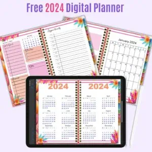 Text "free 2024 digital planner" with a preview of three calendar pages including a 2024 daed calendar, January calendar, and daily calendar page
