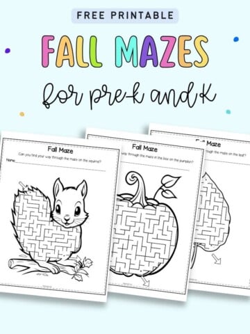 Text "free printable fall mazes for pre-k and k" with a preview of three easy mazes