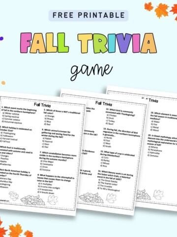 Text "free printable fall trivia game" with a preview of three pages of fall trivia questions