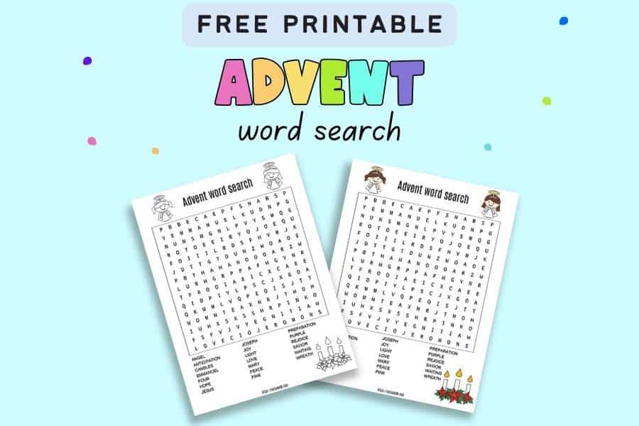 Text "free printable Advent word search" with a preview of two advent word search printables 