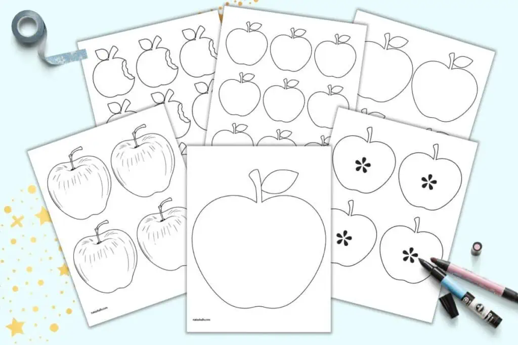 A preview of six printable apple pattern templates including a large apple, three pages with medium apples four to a page, and two pages with smaller apples nine to a page.