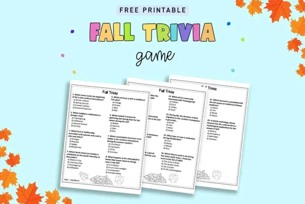 Text free printable fall trivia game with a preview of three pages of fall trivia questions