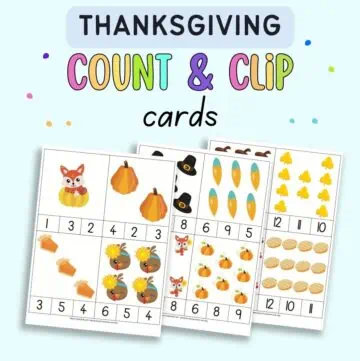 Text "thanksgiving round and clip card" with images of there pages of count and clip cards 1-12