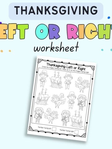 Text "Thanksgiving left or right worksheet" with a preview of a thanksgiving themed left or right worksheet