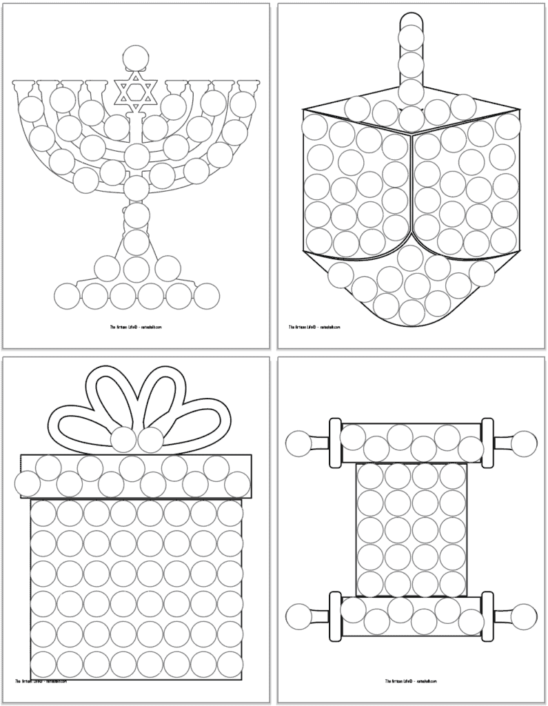 Four Hanukkah themed dab it dot marker coloring pages. Each page has a Hanukkah-related image with blank circles to dot in with a dauber marker. Images include: a menorah, a dreidel, a present, and a scroll.