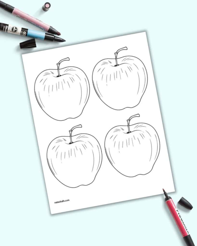 A preview of four medium apple templates on one page. The apples have shading gand a 3D appearance
