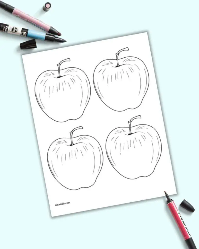 A preview of four medium apple templates on one page. The apples have shading gand a 3D appearance