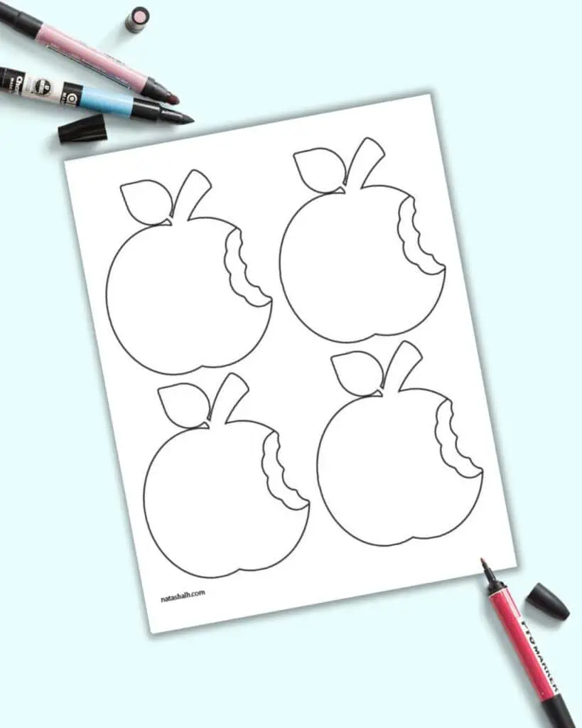A preview of four medium apple templates on one page. Each apple has a bite taken out of it.